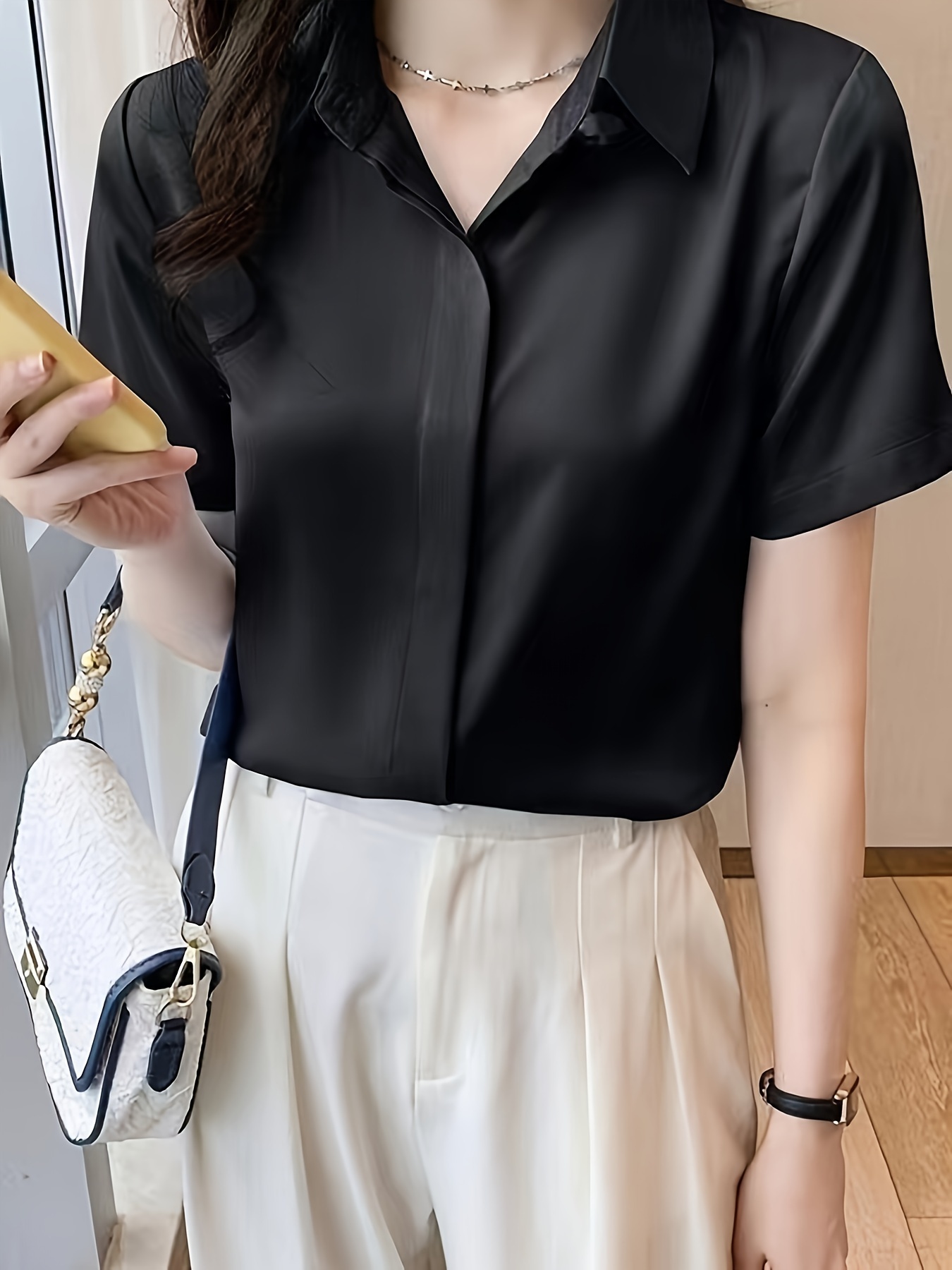 Blusa Elegante Blusa De Mujer Manga Corta Blusa Elegante Negra De