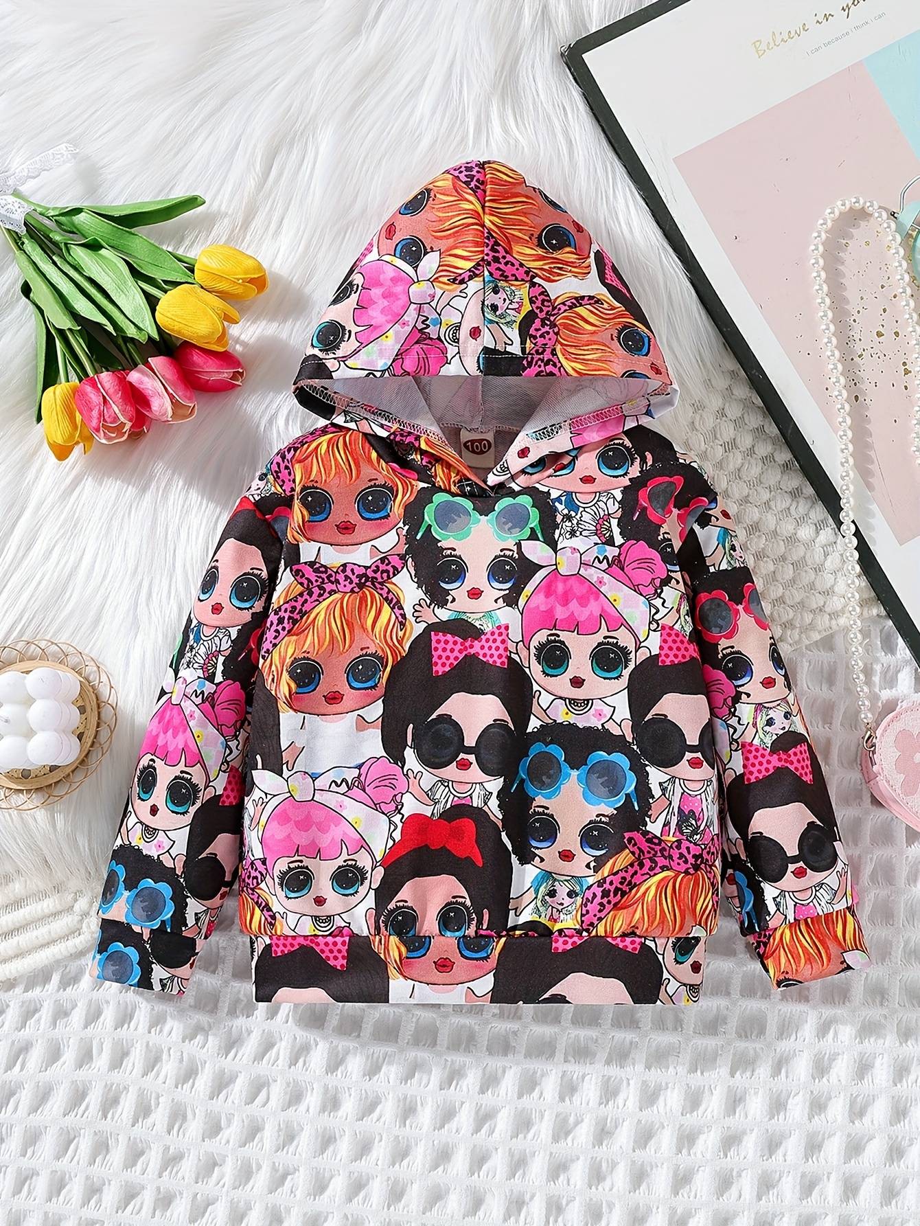 Party Girls Allover Cartoon Print Long Sleeve Hooded Pullover