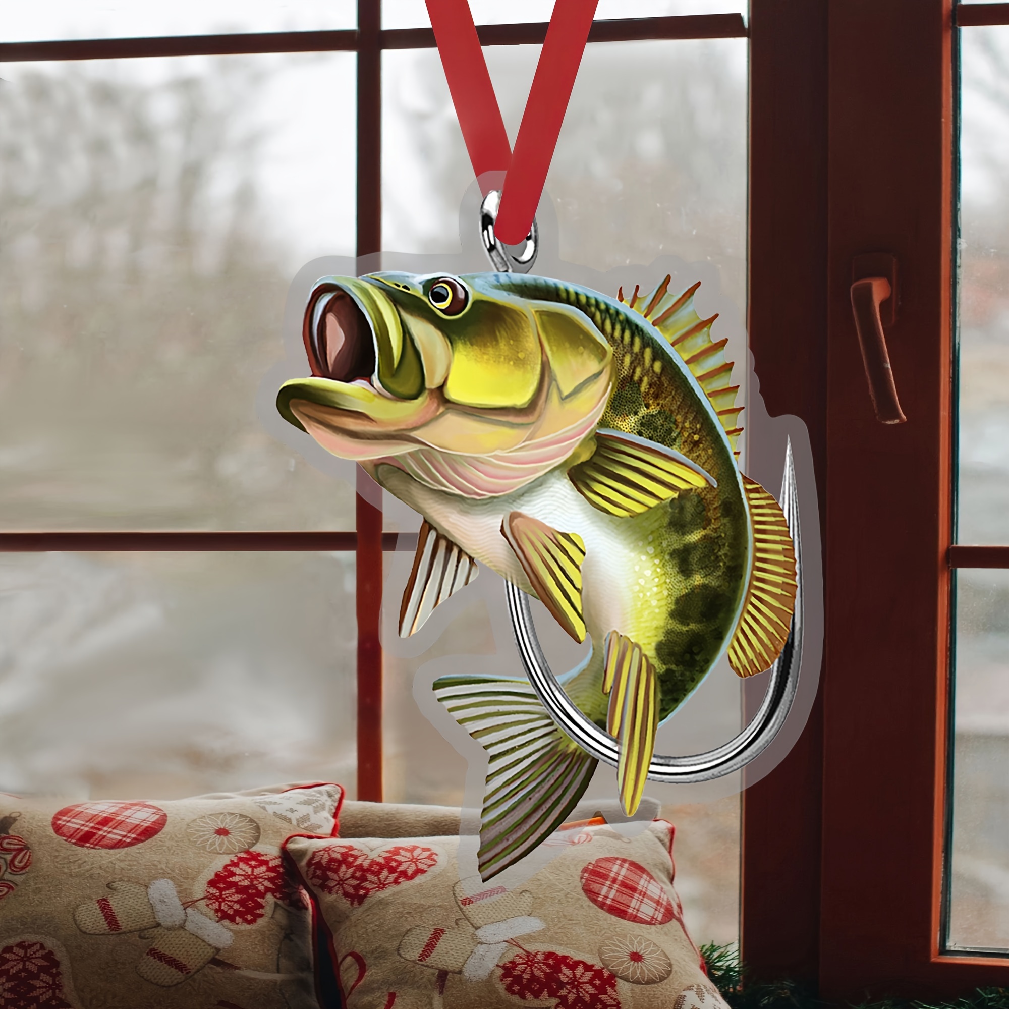 Talataca Fisherman Bass Fishings Big Bass Fish 2D Flat Car Rear View Mirror  Accessories Christmas Tree Ornament Decoration Hanging Charm Interior