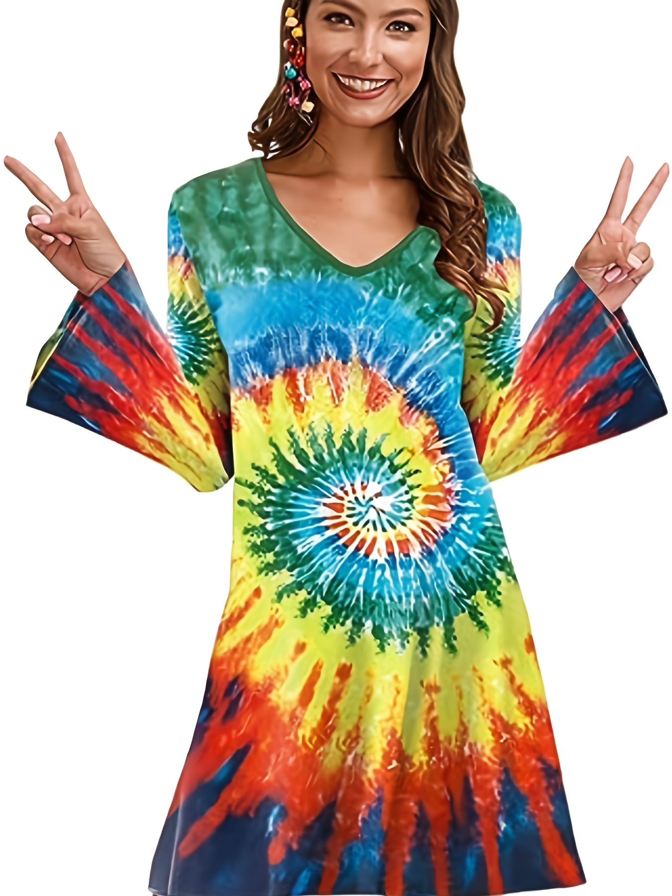 Vestido de disfraz de Halloween hippie de los años 70, traje de carnaval vintage con mangas largas acampanadas y estampado floral, ropa de mujer