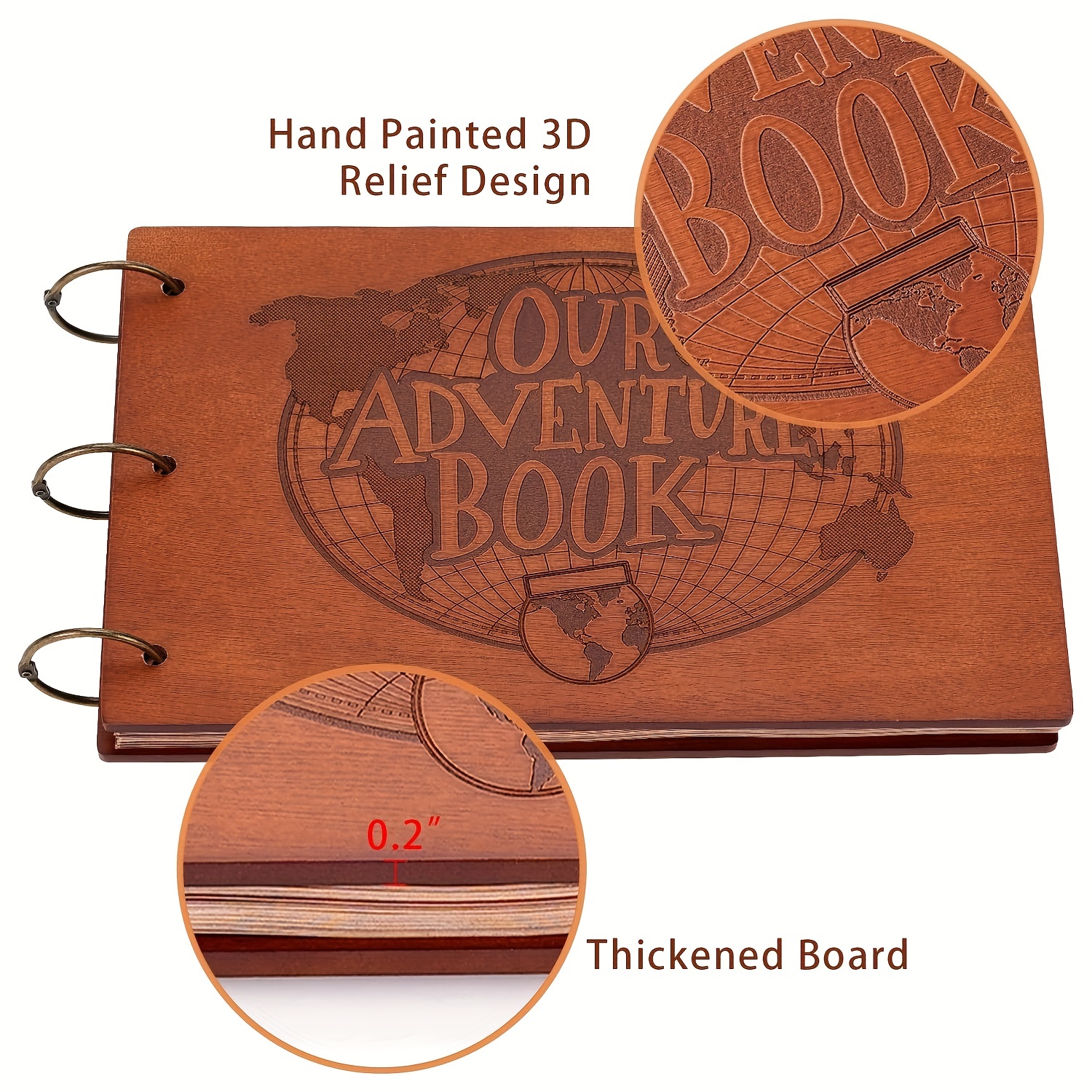 Our Adventure Book Scrapbook with 3D Wooden Cover Scrapbook Album, 11.6 x  7.5