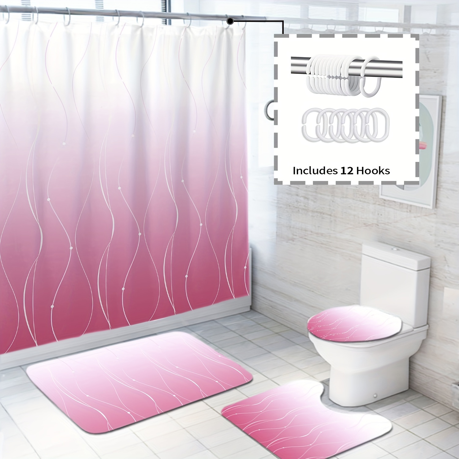 Bathroom Sets Rugs Shower Curtain Marble Pattern Shower - Temu