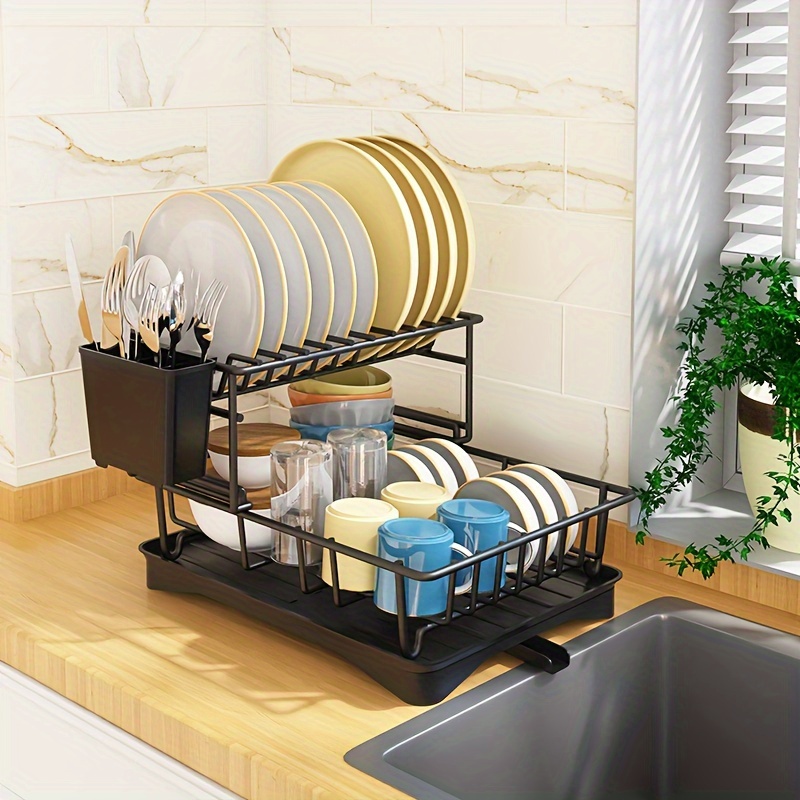 2-tier Dish Drying Rack For Kitchen, With Drainboard Rust-resistant Compact  Dish Drainer, With Utensil Holder, Cutting Board Holder, For Kitchen  Counter, Black - Temu