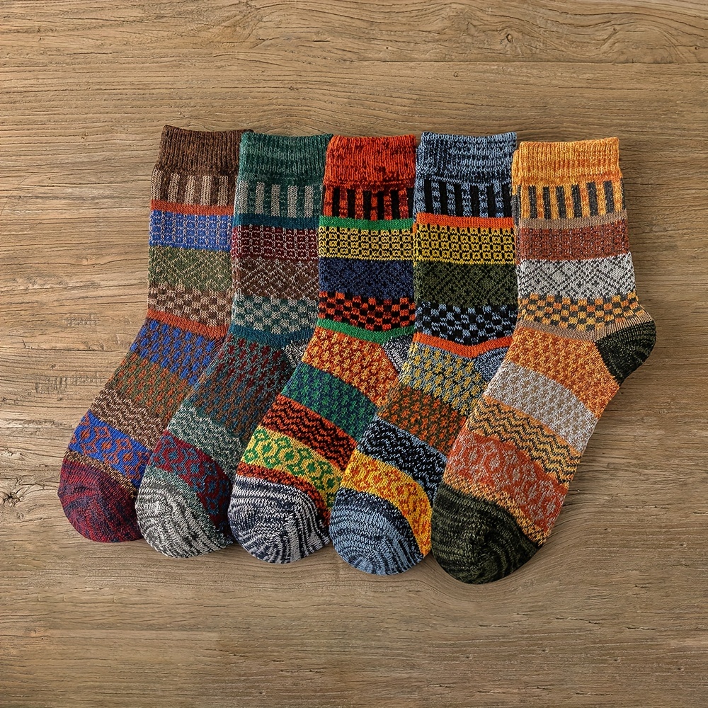 

5pairs Man Socks Thick Warm Winter Socks Retro Neutral Couple Christmas Socks Us 6-10
