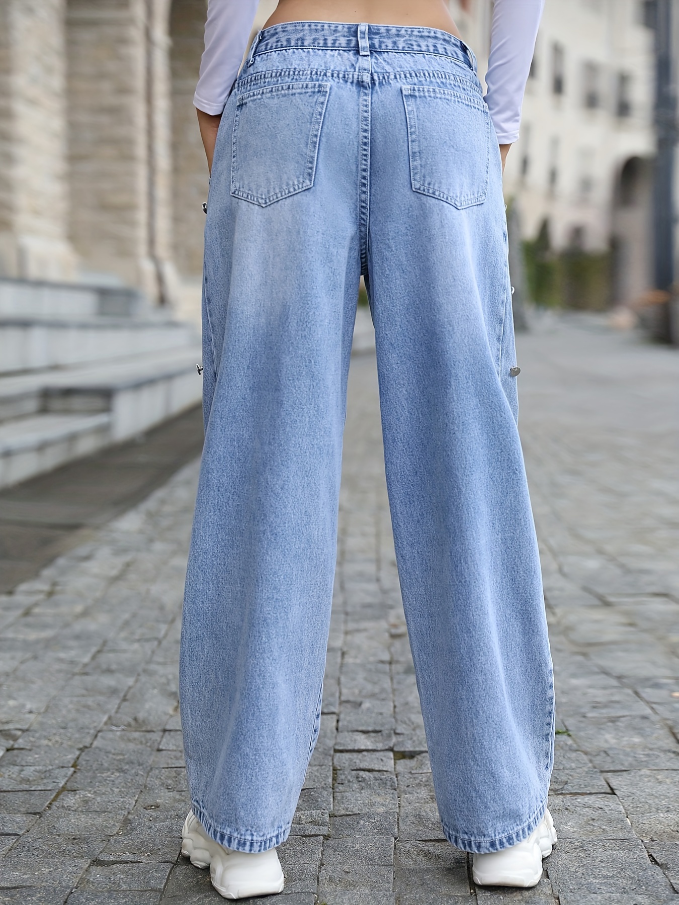 Side Button Decor Pleat Slant Pocket Denim Pants, High * Loose Straight Leg  Jeans, Street Casual Style, Women's Denim Jeans & Clothing