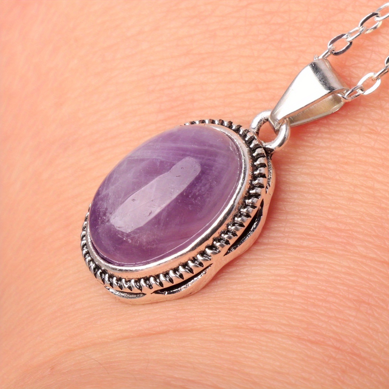 Oval Silver locket pendant for photo Amethyst stone big size vintage