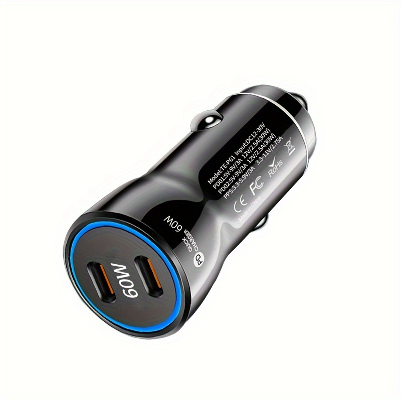  Cargador de coche USB C de 60 W, 2 puertos [PD30W+QC30W]  Cargador de teléfono súper rápido para coche, adaptador de encendedor de  cigarrillos, con cable de nailon tipo C de 3.3