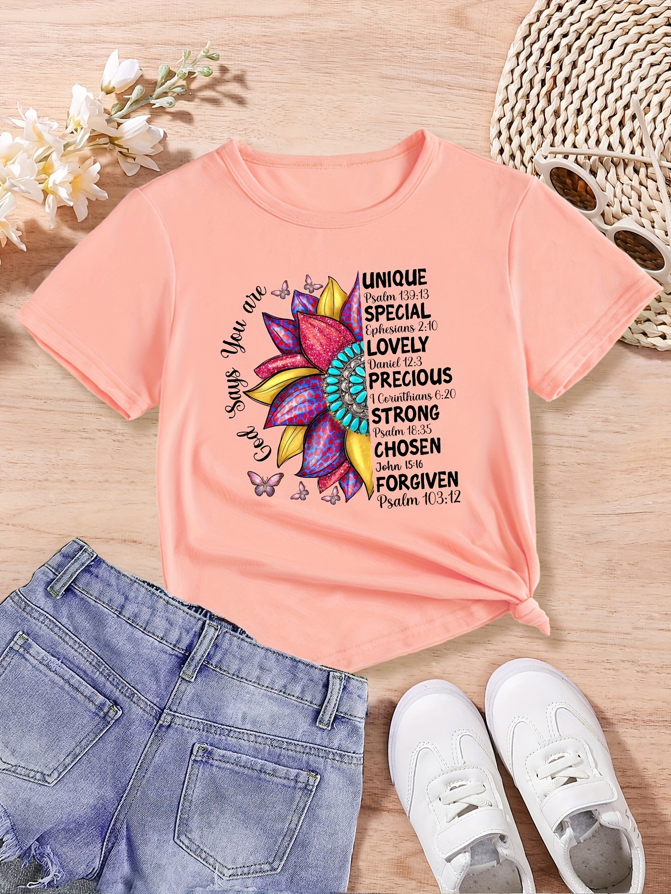 Toddler Girls Letter Flowers Graphic T shirts Casual Round - Temu