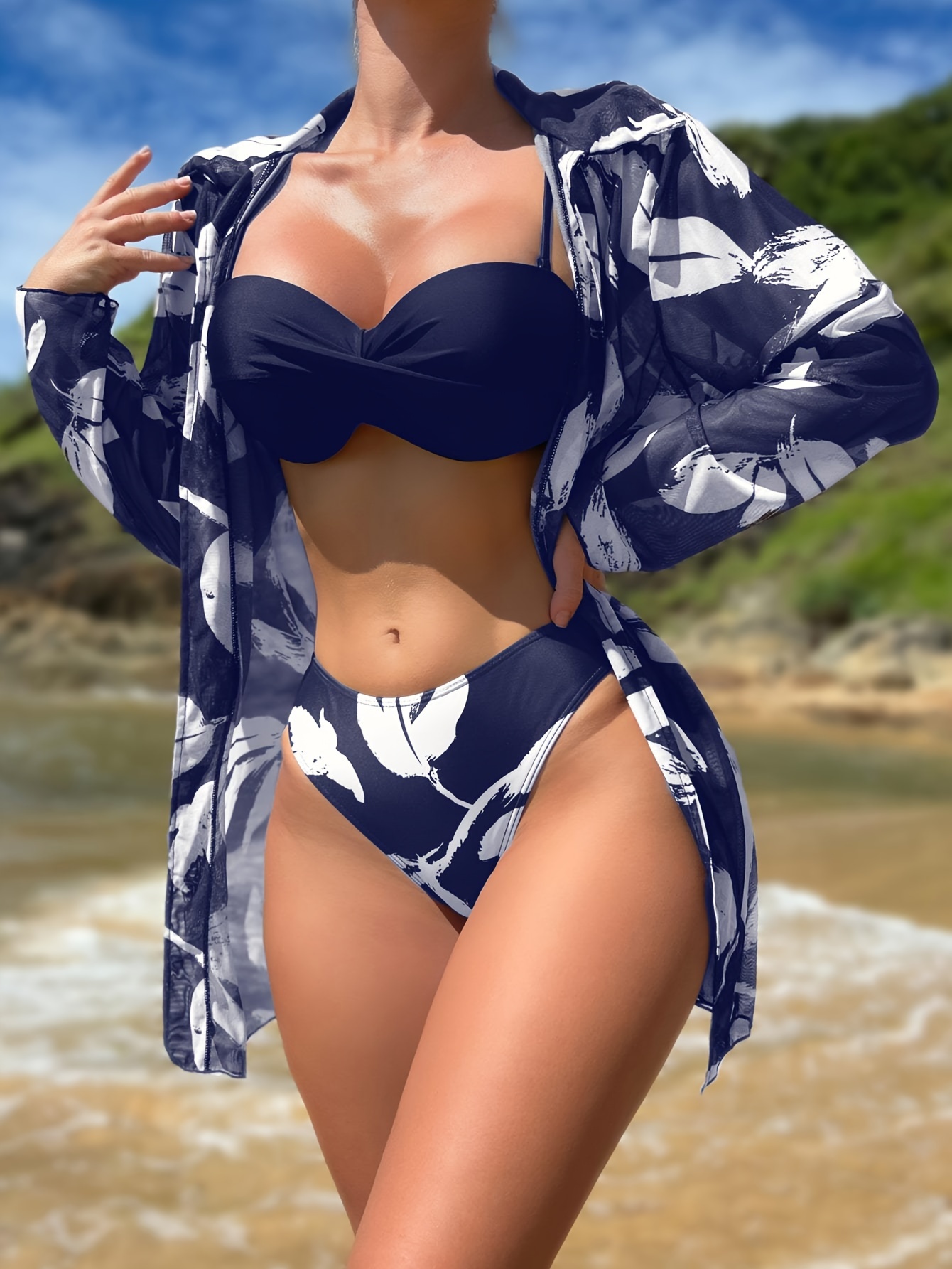 Leaf Print One Piece Swimsuit Round Neck Zip Front Long - Temu Canada