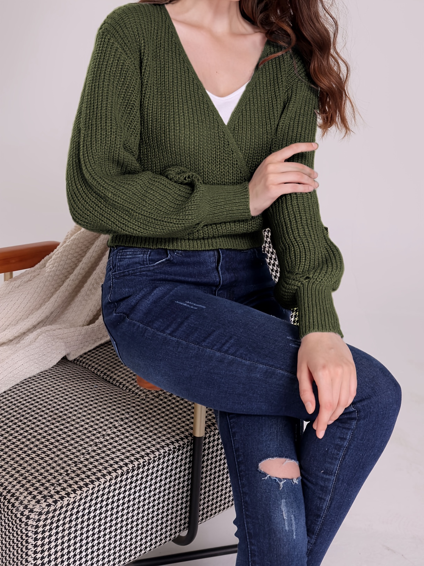 Drop Shoulder Surplice Neck Knit Sweater Casual Crop Long - Temu