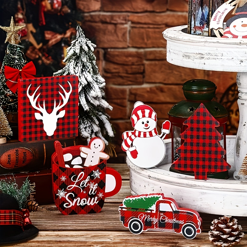 11PC Christmas Tiered Tray Decor Wooden Signs, Red Plaid Believe Christmas  Table Decor Rustic Farmhouse Christmas Decor for Home Kitchen Tabletop