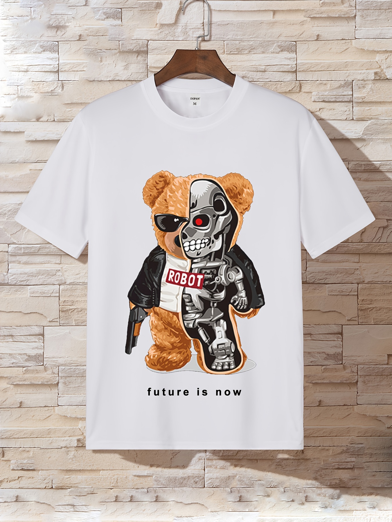 Men's Robot Bear Print T-shirt, Trendy Graphic Tee For Summer - Temu