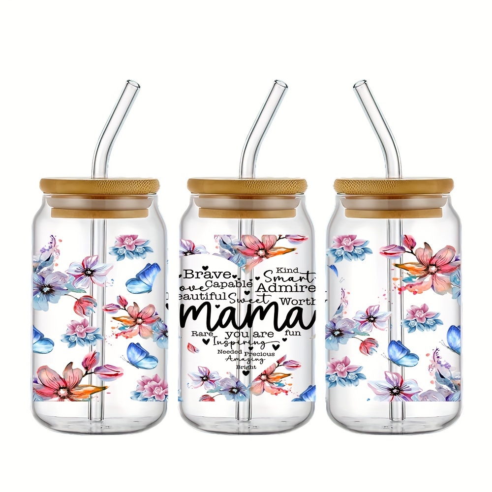 5pcs/Set Waterproof Mama Design Floral Sticker For 16oz Glass Cups