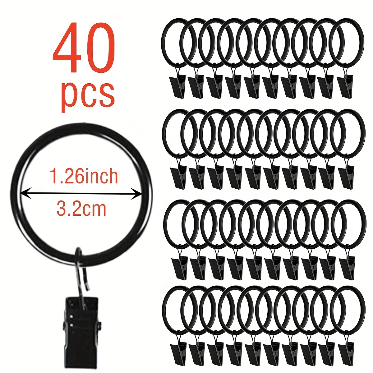 40pcs Curtain Rings with Clips Hooks 1.5 inch Rustproof Matte  Metal Stainless Steel Drapery Rings for Tension Rod Bracket Eyelets  Decorative Hangers, Vintage Black (1.5 Interior Diameter) : Home & Kitchen