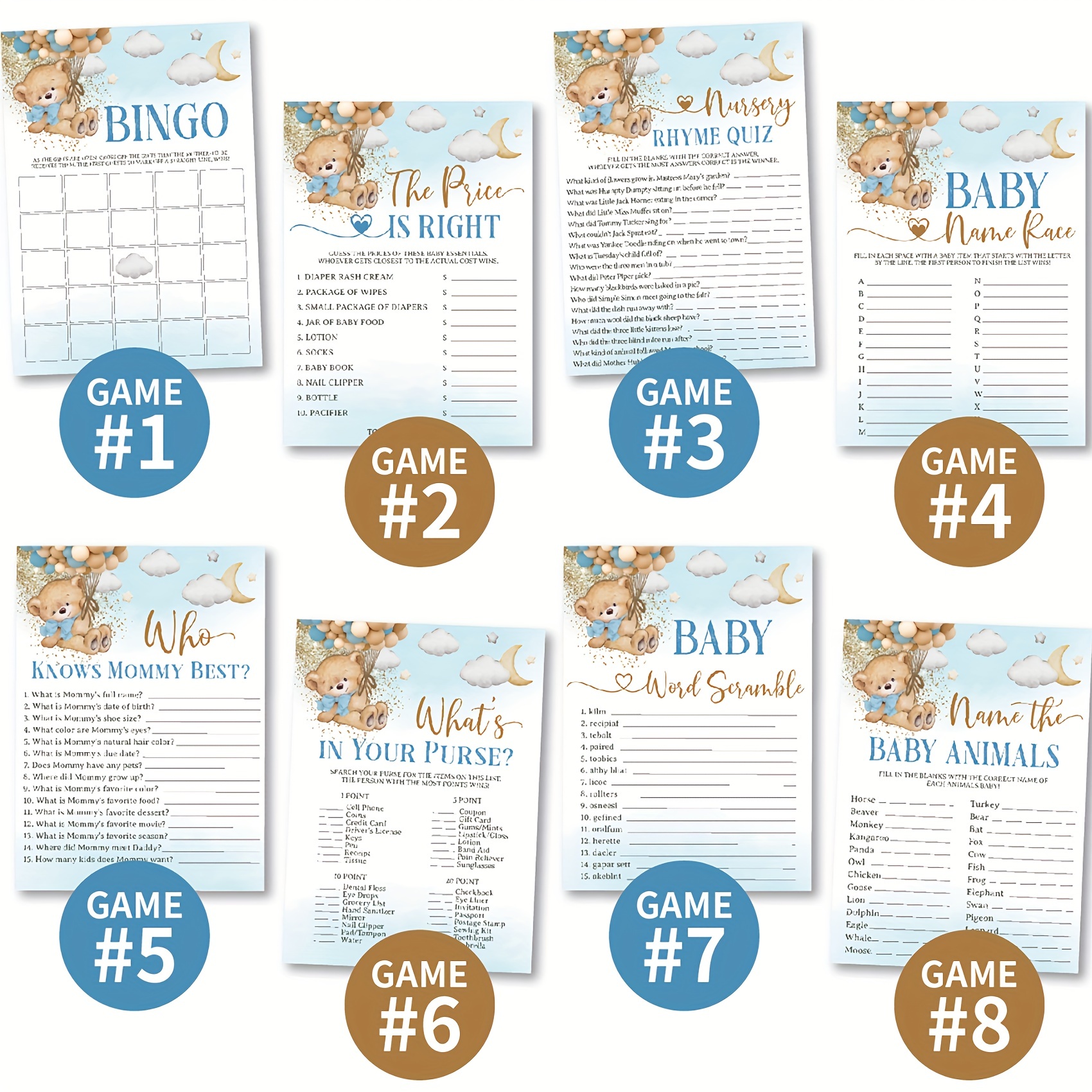 2 in 1 Bear Blue Gold Baby Shower Game Package 8 Fun Temu