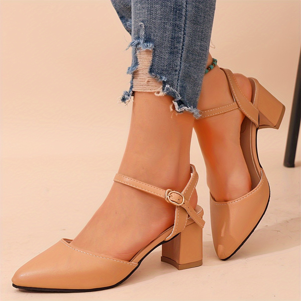 Women s Chunky Heeled Sandals Pointed Toe Ankle Strap Slingback Heels All Office Shoes