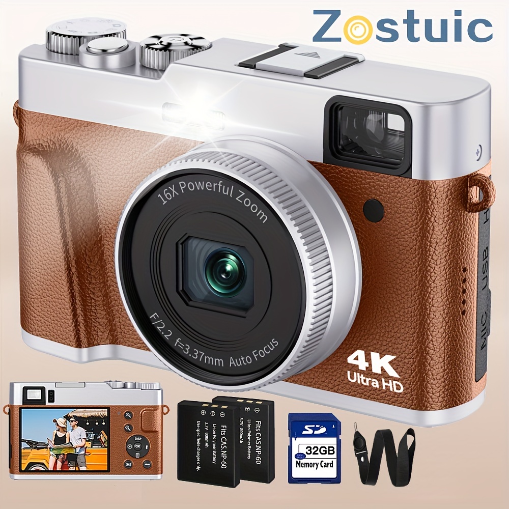 4K デジタルカメラ オートフォーカス 48MP Vlogging カメラ YouTube および手ぶれ補正ビデオカメラ用  ビューファインダーフラッシュとダイヤル付き、16X ズームトラベルポータブルデジタルカメラ、32GB カード、バッテリー 2 個付き (ブラウン)