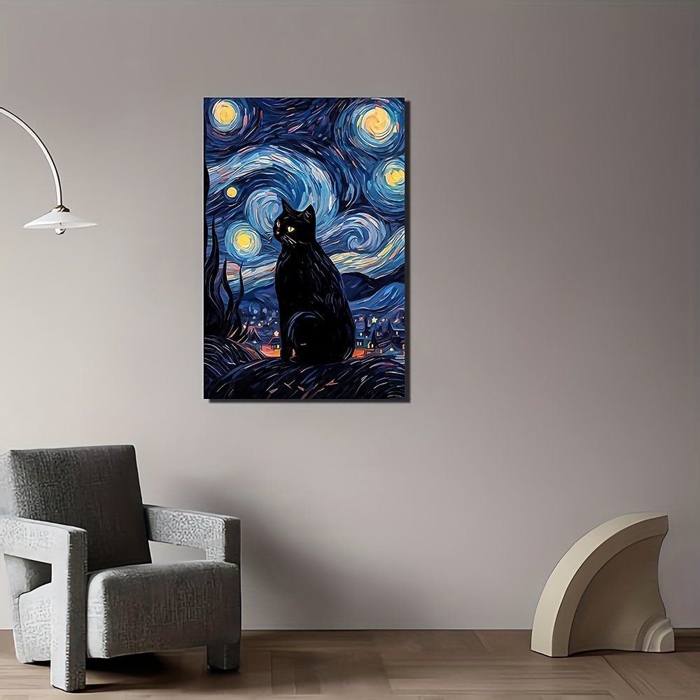 1ピース 黒猫ポスター星月夜猫アートキャンバス絵画レトロ寝​​室装飾