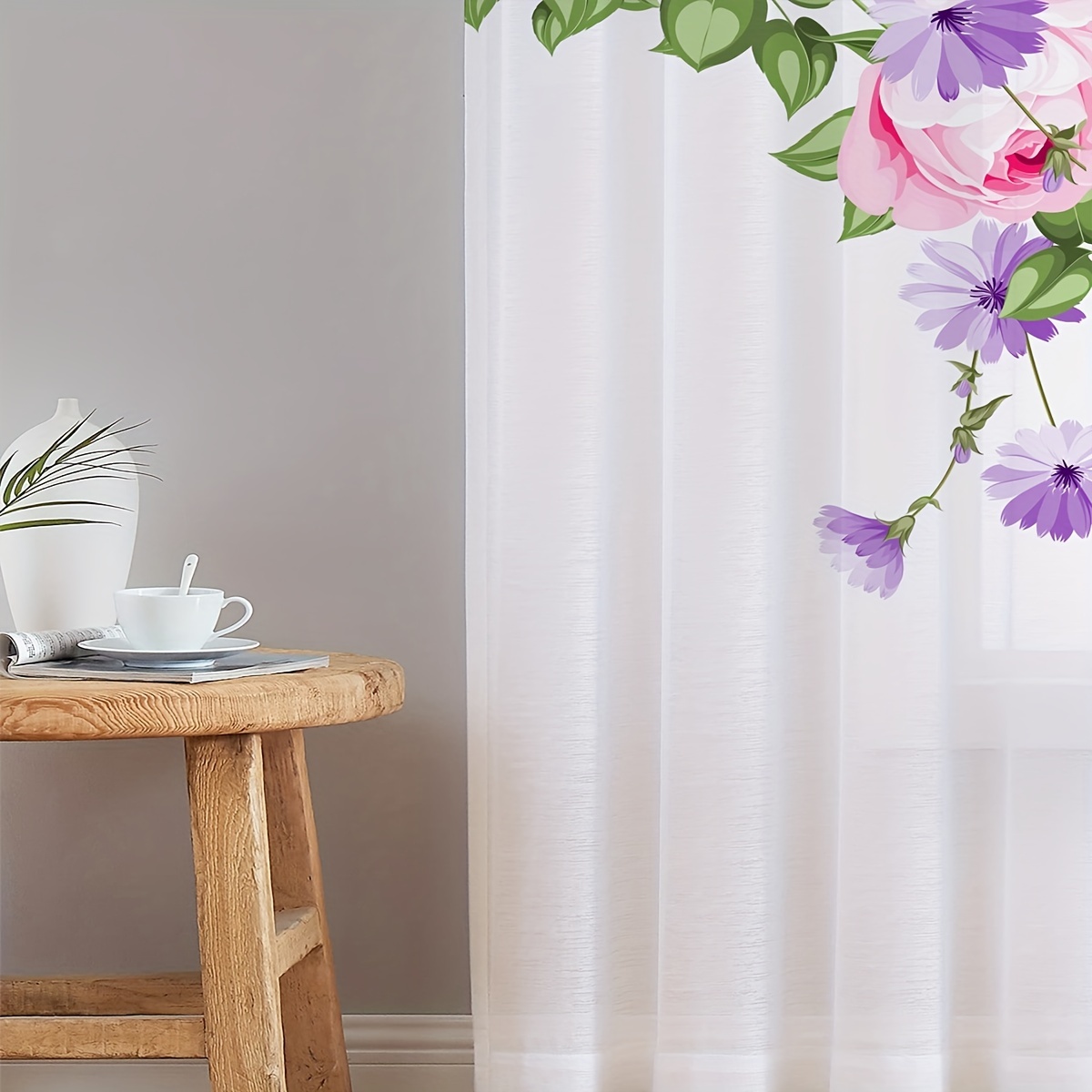 1 Pieza Cortinas Transparentes Florales Púrpuras Sala - Temu