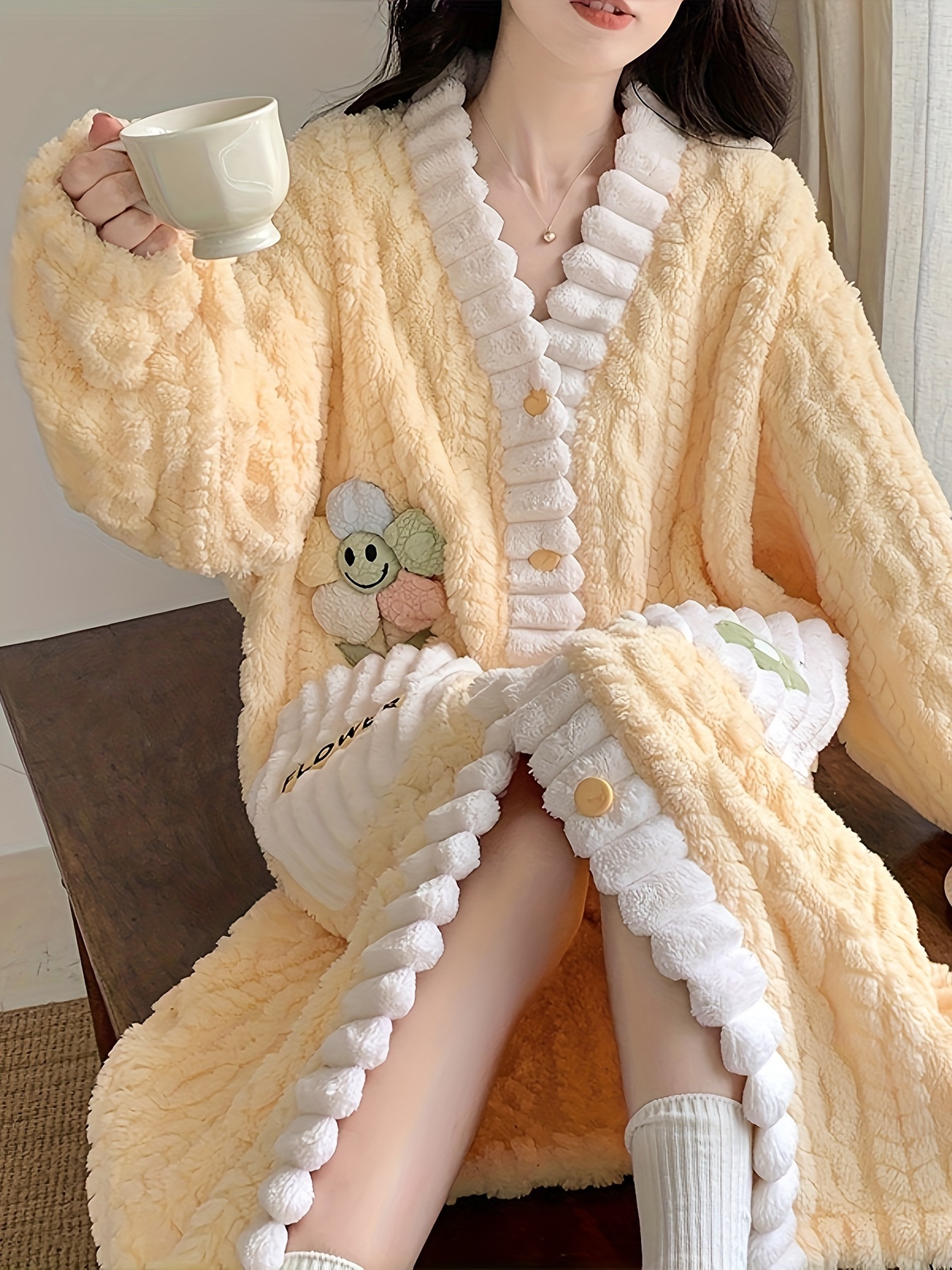 Flower Decor Fuzzy Night Robe Cute Long Sleeve V Neck Robe - Temu