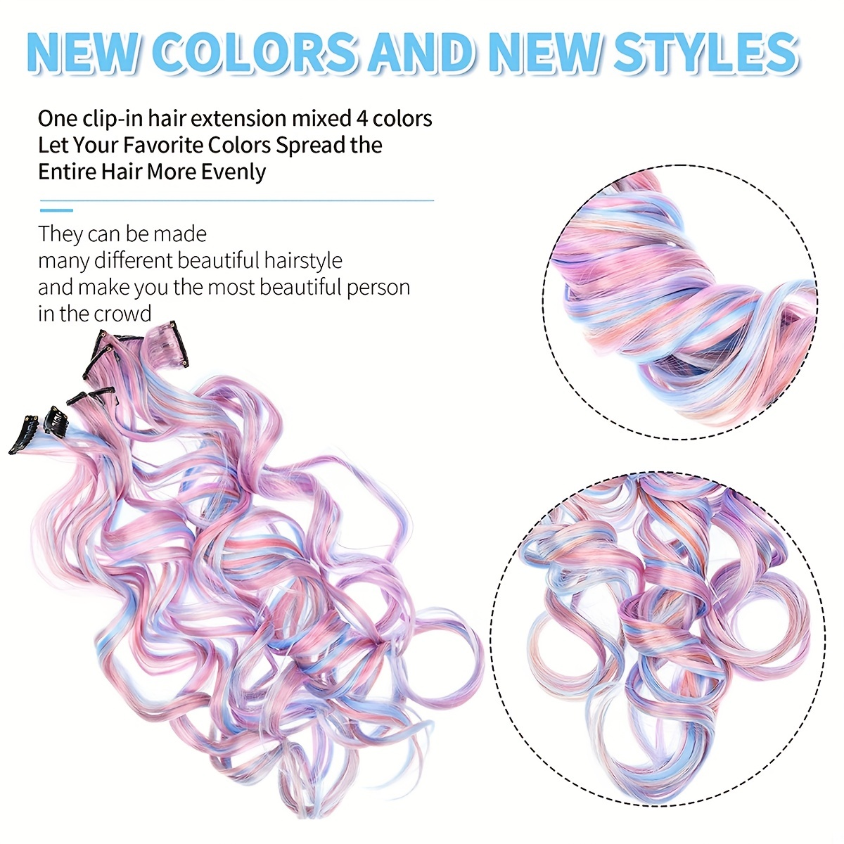 5pcs/set Y2K Long Curly Hair Extensions Party Highlight Multi-Colors Wavy  Hairpiece Clip In Synthetic Rainbow Hairpieces For Kids Girls Women