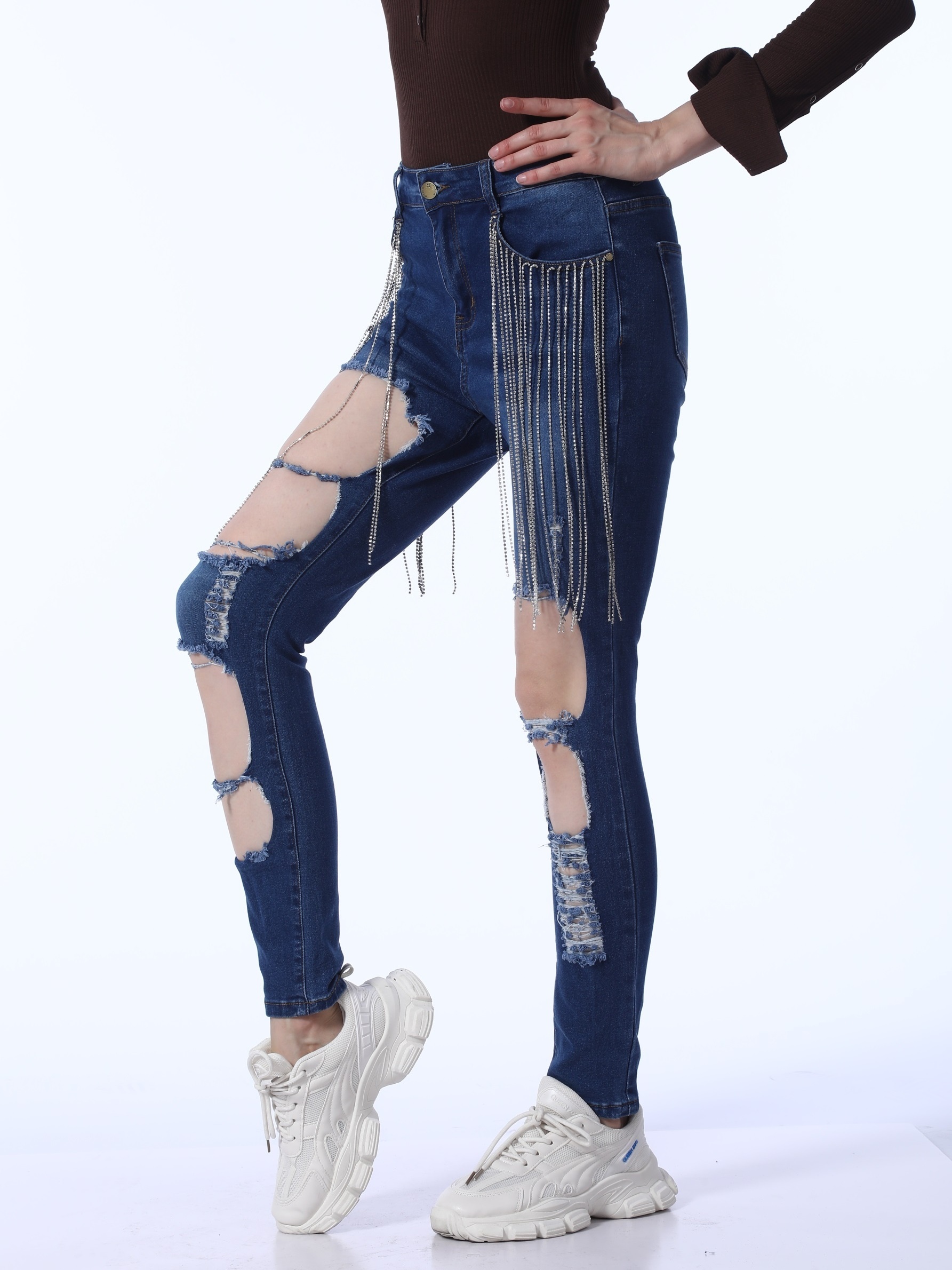  XIALON Jeans for Women- Ripped Rhinestone Detail