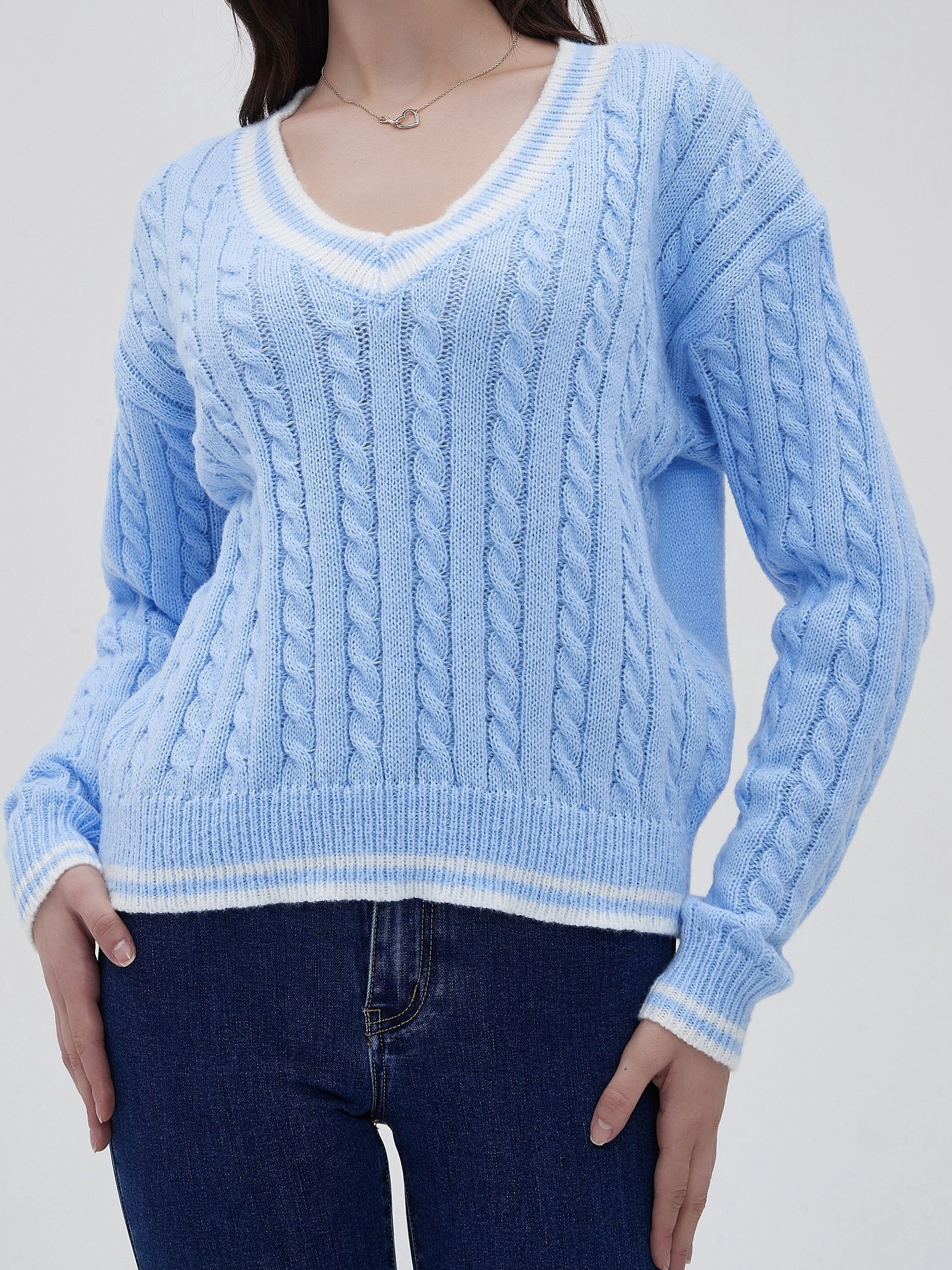 Light Blue V-Neck Sweater For Women