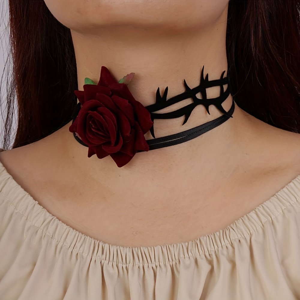 Gothic Victorian Black Velvet Ribbon Black/Red Rose Flower Choker