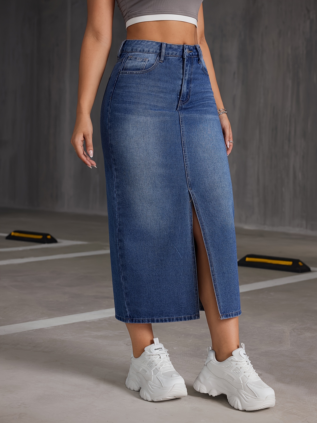 Slant Pockets Washed Denim Midi Skirt Split Front Non - Temu