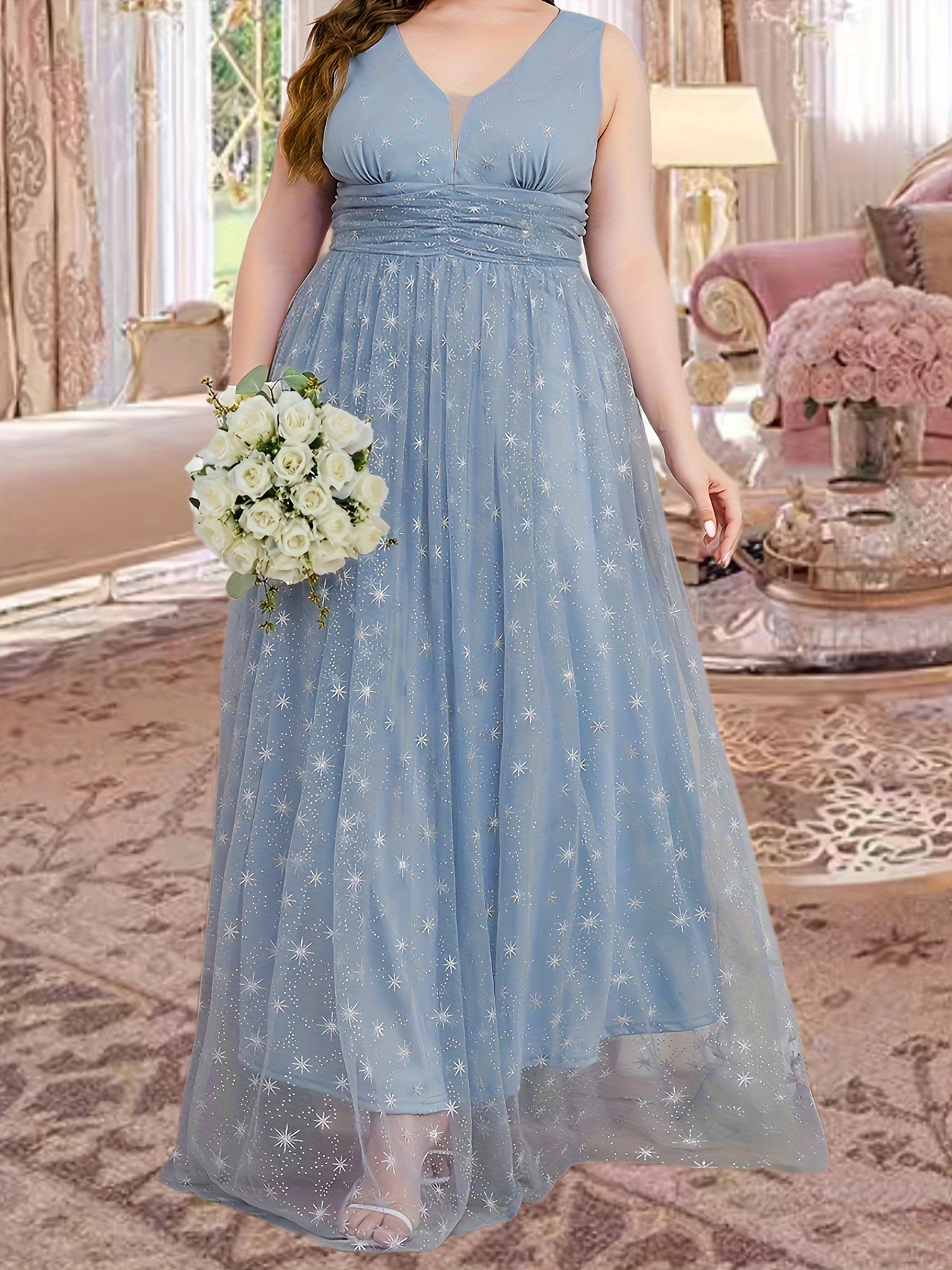 Plus Size Elegant Wedding Dress, Women's Plus Solid Sweetheart Neck Lantern  Sleeve Flowy Evening Prom Dress