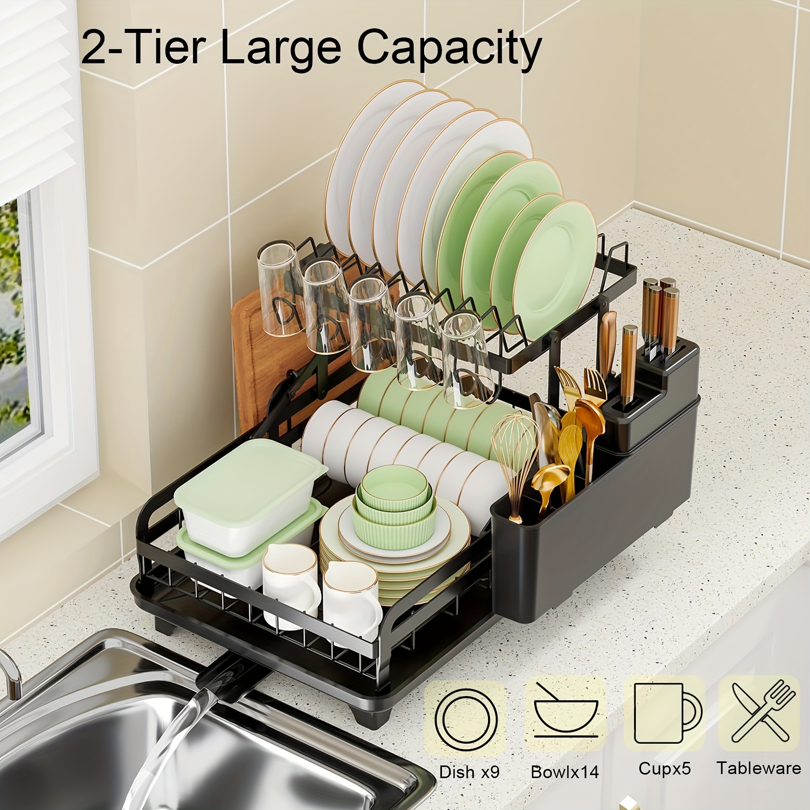 Escurridor de platos sobre el fregadero, 3 niveles, grande, para fregadero  de cocina, escurridor de platos sobre el mostrador, de metal, ajustable