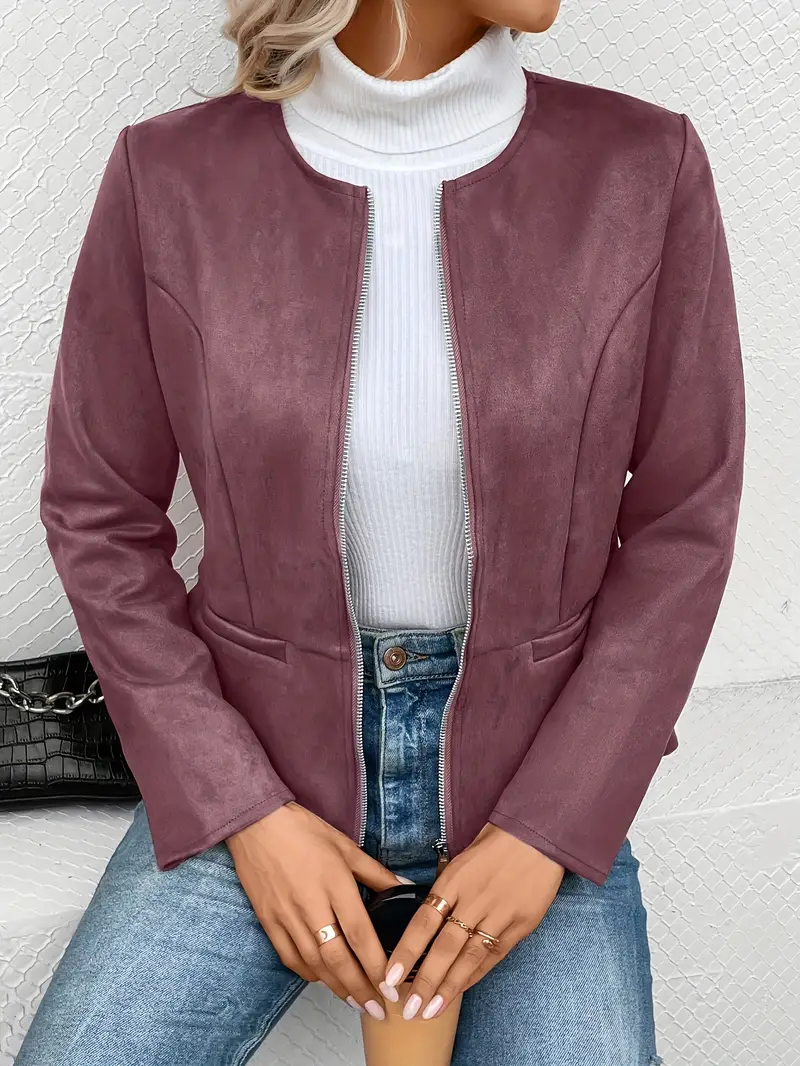 plus size elegant jacket womens plus solid long sleeve zip up round neck jacket details 1