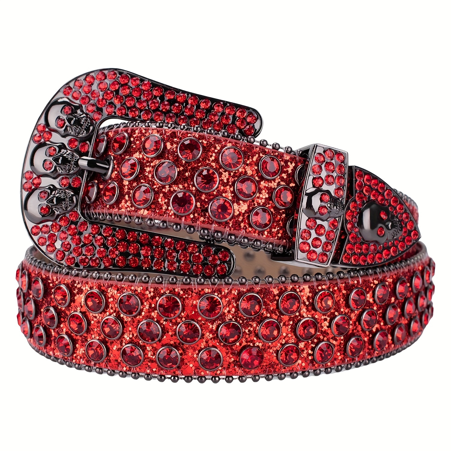 Red and Black Rhinestone Skull Belts Biker Belts Cowboy 