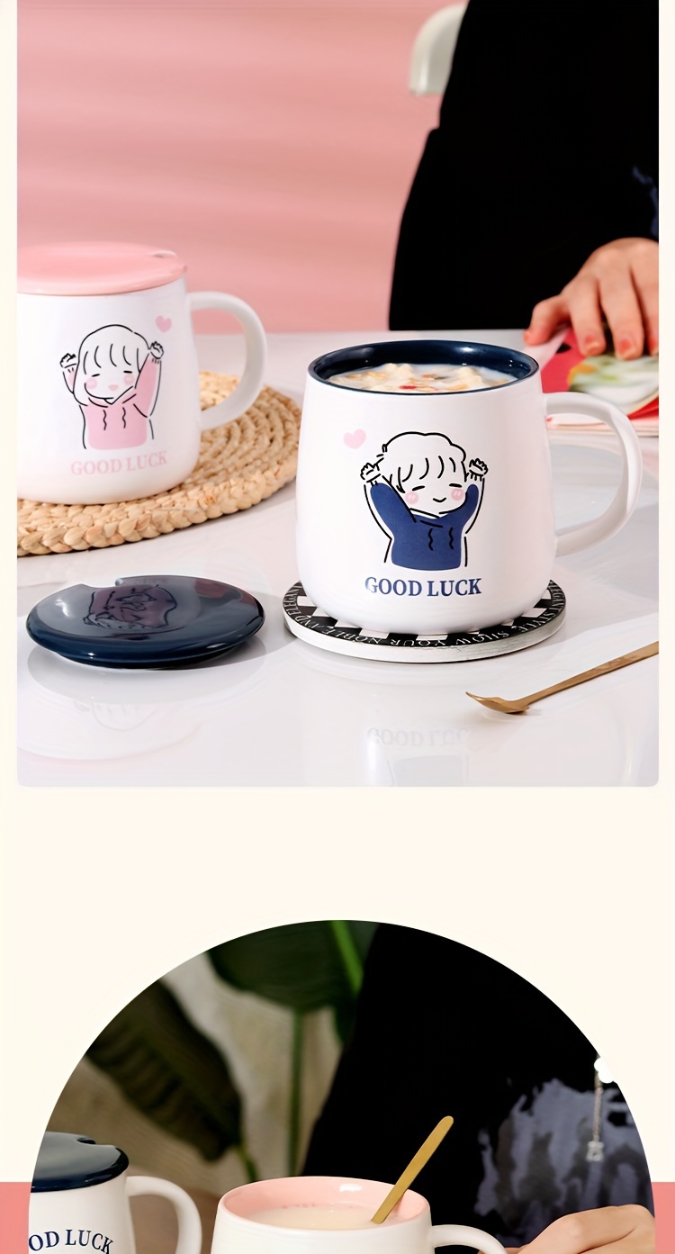 Taza De Pareja De Cerámica Linda Y Elegante De 400 Ml 13 Oz Para Camping,  Con Tapa Y Cuchara Para Café. Adecuada Para Tazas Creativas De Oficina Y  Hogar. Lavar A Máquina