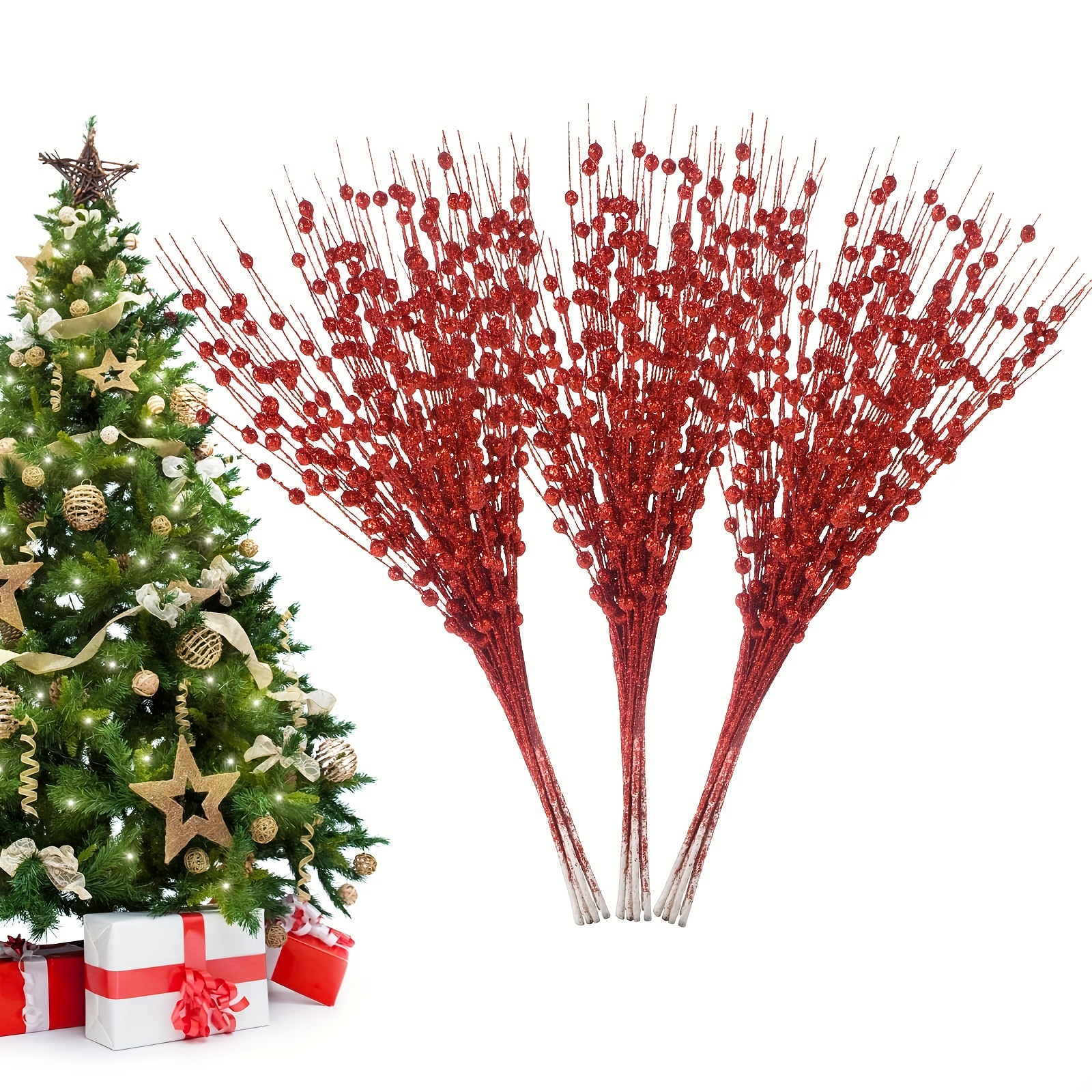 

6pcs Artificial Glitter Berry Stem Ornament, Fake Christmas Picks Decorative Glitter Sticks For Christmas Tree Diy Wreath Crafts Gift Fireplace Holiday Home Decor