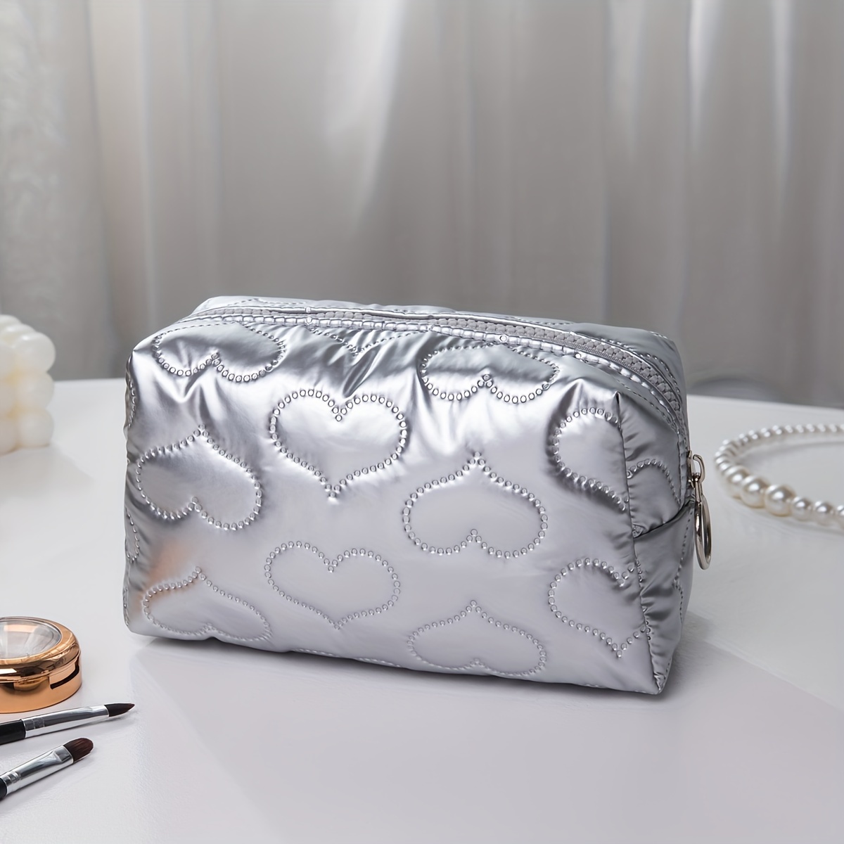 

Pu Silvery Heart Pattern Makeup Bag Travel Cosmetic Pouch Zipper Make Up Organizer Toiletry Bag For Women Gifts