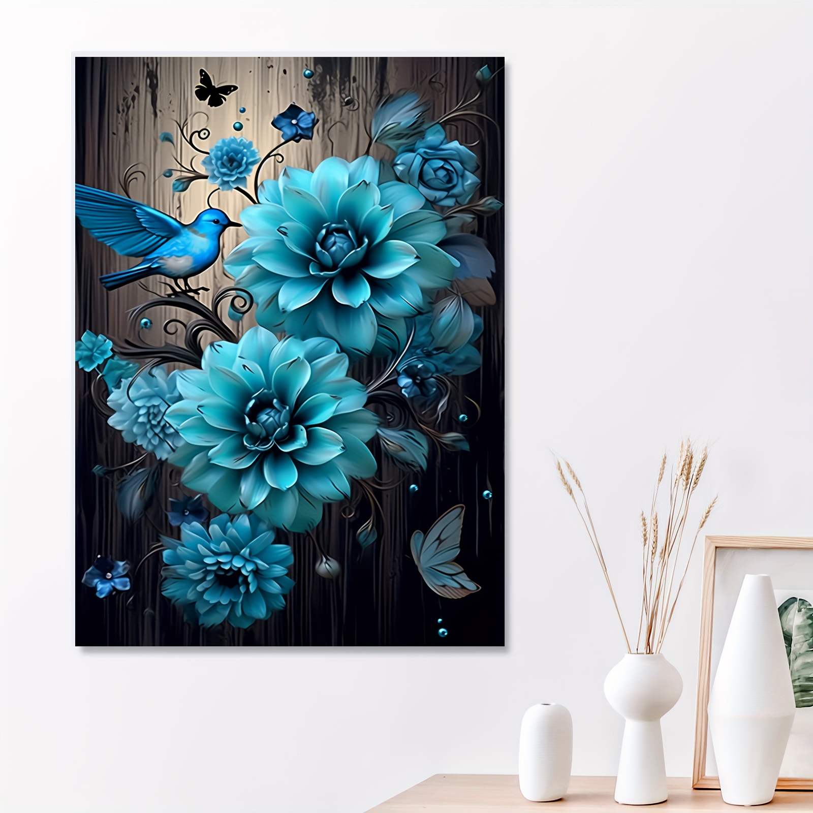 1pc Framed Art Canvas Print Poster Blue Flower Canvas Wall Art