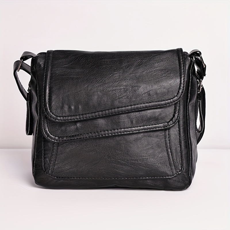 Black Soft Leather Flap Shoulder Bag Messenger Bags for Women