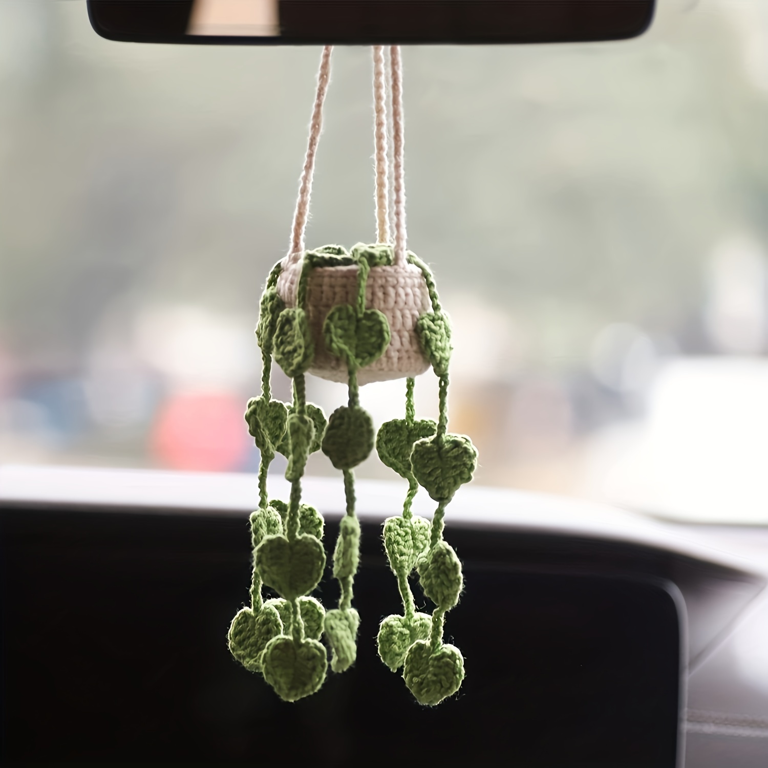 Boho Car Plant Crochet Hanging Basket, Plante à suspendre pour décoration  et accessoires de voiture, Ornement de voiture (B)