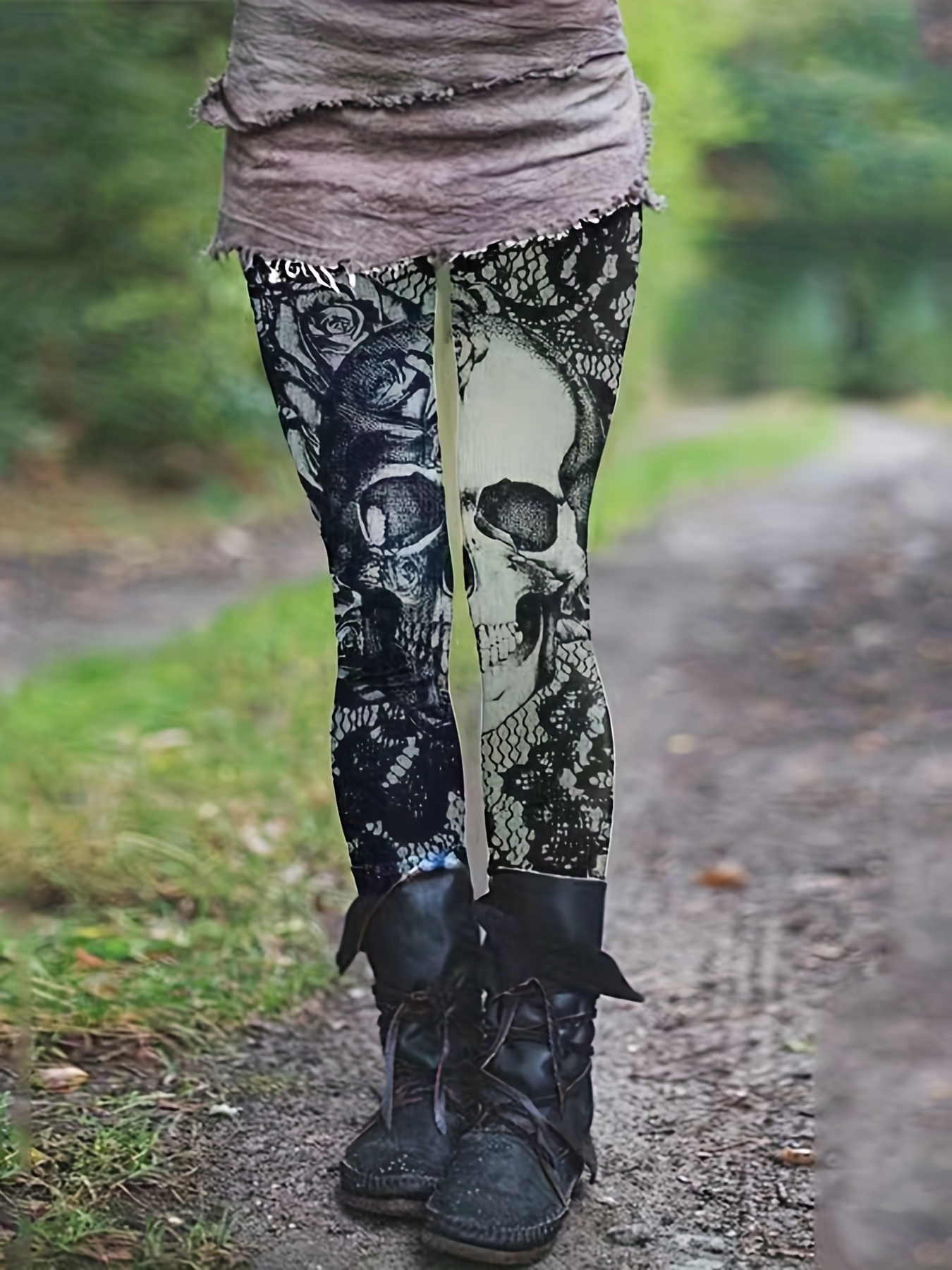 Skull Print Slim Leggings, Casual High Waist Hole Elastic Tight Fashion  Leggings, Women's Clothing