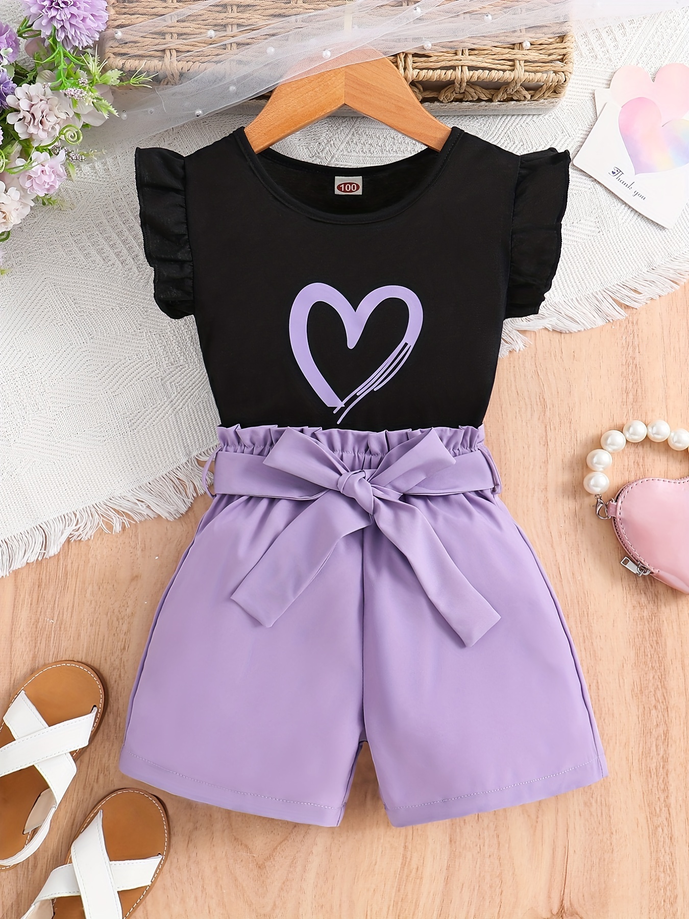 Girls Daily Casual Heart Print Crew Neck Sleeveless Top Bow - Temu