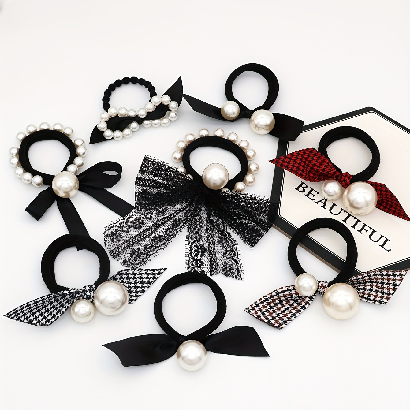 

8pcs Checkered Bow Hair Tie Faux Pearl Decor Hair Rope Simple Style Hair Ring Ponytail Holder Women Female Hair Accessories