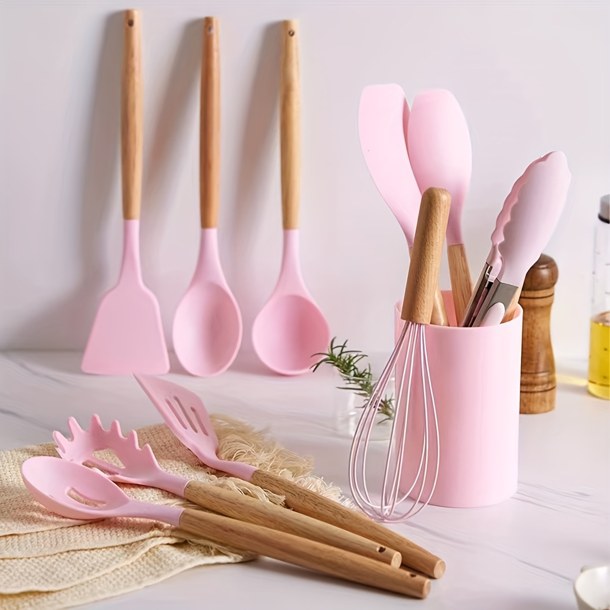 Marble Pattern Pink Kitchen Cookware Silicone Kitchenware Non Stick Cooking  Pot Set Spatula Shovel Soup Spoon