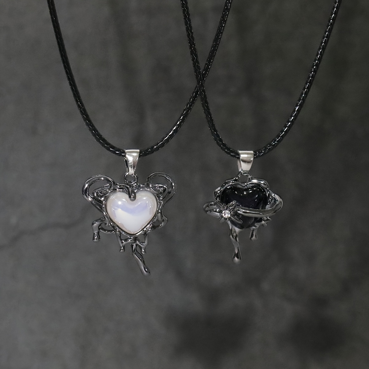 Gothic Style White Black Heart Pendant Black Rope Necklace - Temu