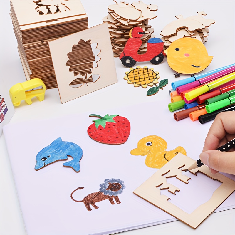 20pcs Kids Montessori Wooden Drawing Toys DIY Painting Template Stencils  Learning Educational for Children Craft Stuff 3 Years