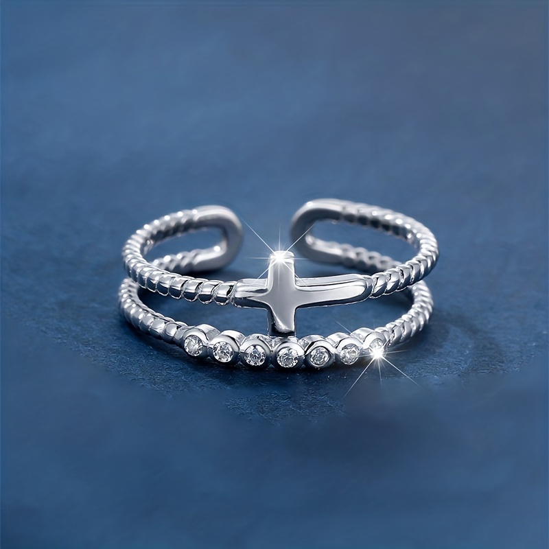 S925 Sterling Silver Cross Double Layered Open Ring