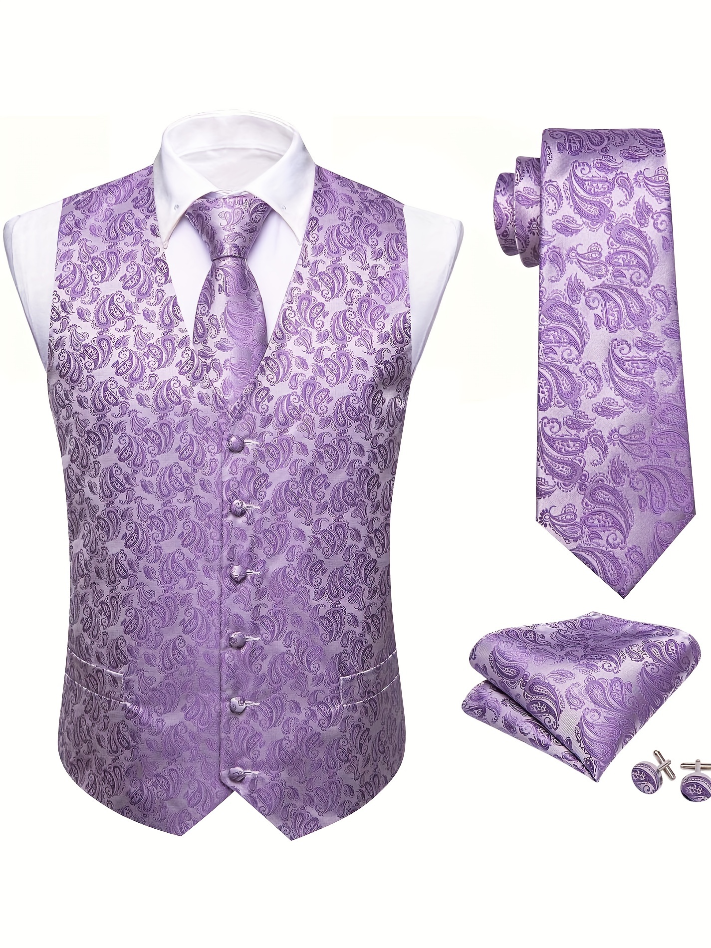 Shining Blue Solid Silk Men's Vest Bow Tie Set Waistcoat Suit Set