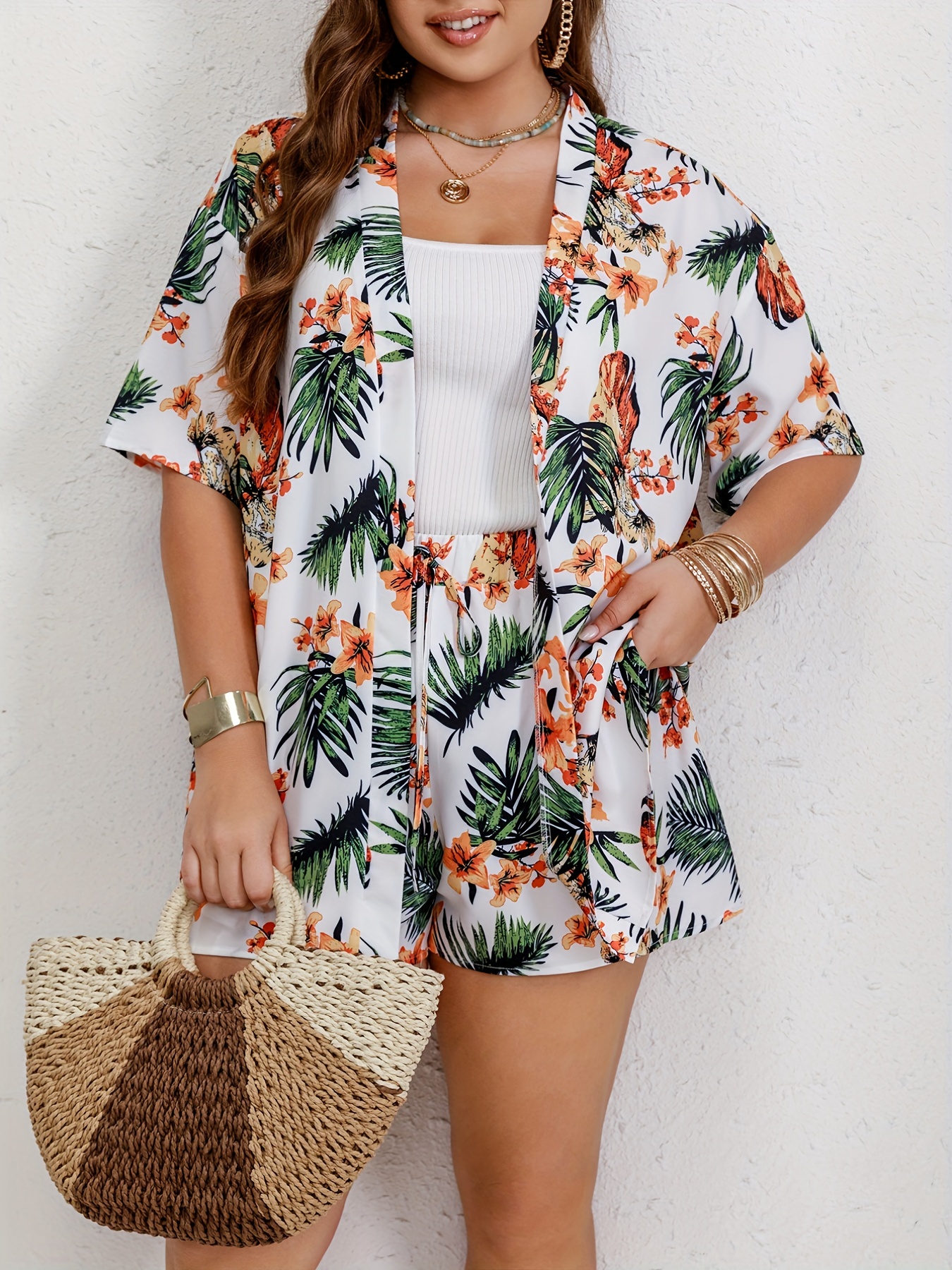 Womens Plus Size Two Piece Outfits Tropical Print Mid Length Open Front  Kimono Top and Shorts Set (Black) : : Clothing, Shoes & Accessories