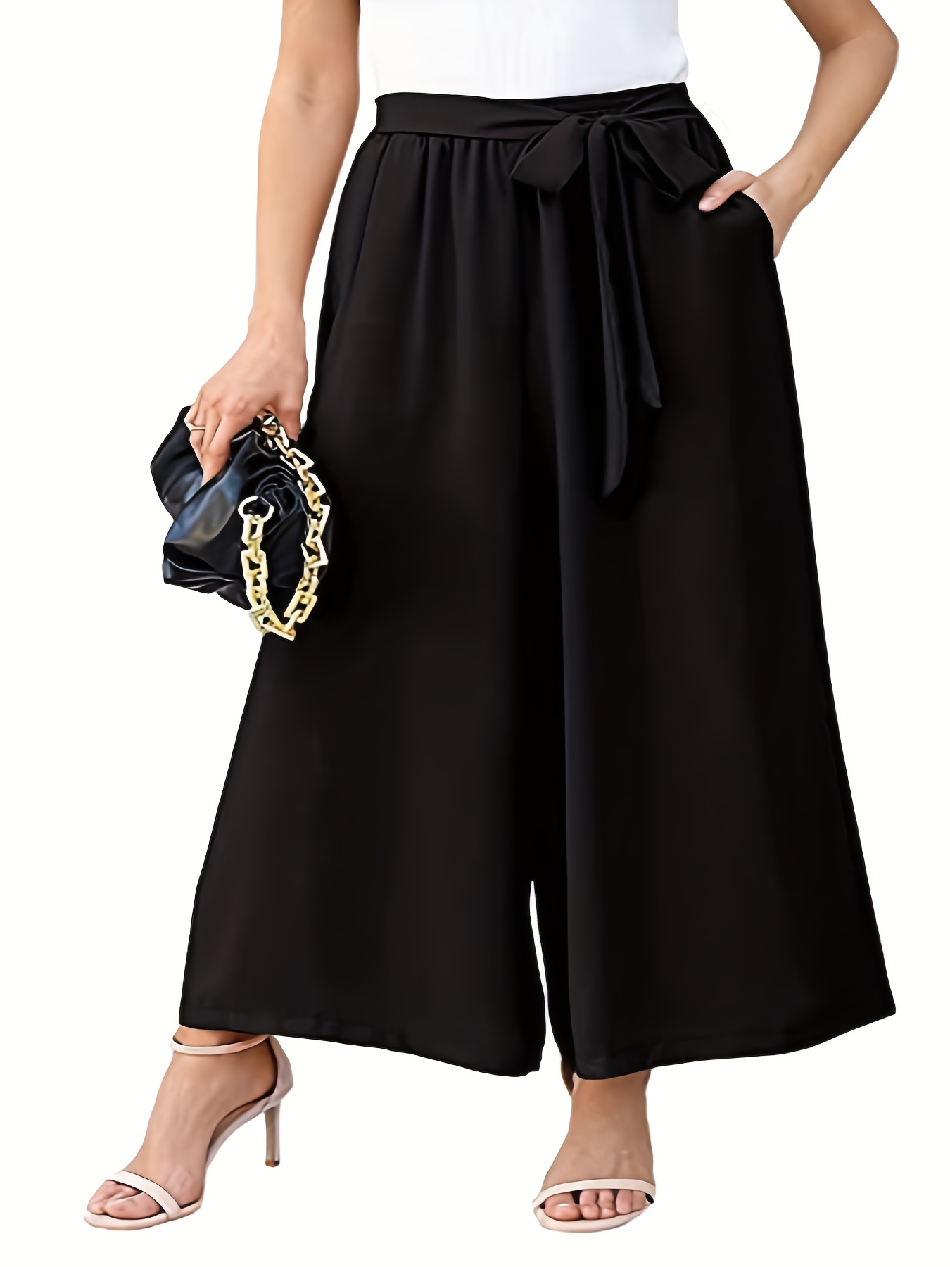  Pxoaobr Bow Belted Wide Leg Pants Women, Solid Work