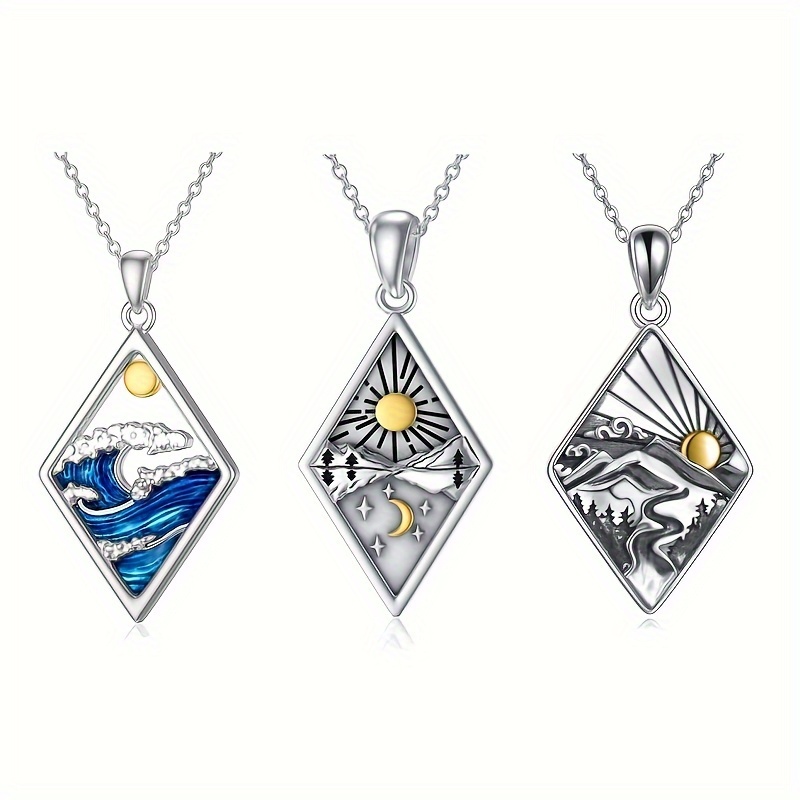 

Personality Blue Ocean Wave Sun Rhombus Pendant Necklace For Women Ocean Summer Style Neck Accessories